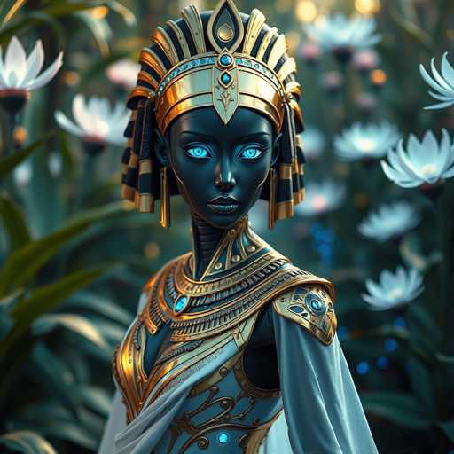 The image depicts a highly detailed, computer-generated scene of a female robot standing in a lush garden. The robot has a striking appearance with a black face and neck, and light blue eyes that give her an almost ethereal look. She is adorned with an elaborate gold headdress featuring a central jewel and black and gold stripes that cascade down the sides of her head. Her attire includes a blue dress with intricate gold accents, and she wears a matching blue necklace with a prominent blue jewel. The robot's shoulders are protected by gold shoulder pads, and she has long, flowing blue sleeves. Her neck is segmented, adding to her mechanical aesthetic. The background is filled with vibrant green leaves and white flowers, some of which have pink centers, creating a serene and picturesque setting. The overall composition is square, with the robot positioned centrally, making her the focal point of this captivating digital artwork.