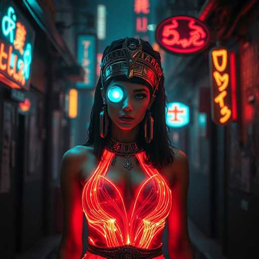 The image depicts a striking, computer-generated female character standing in the middle of a dark, neon-lit alleyway. She has long, dark hair and wears an elaborate gold headpiece adorned with a blue gem at the front. Her right eye is a glowing blue, while her left eye is visible. She is dressed in a red, sleeveless dress with intricate, glowing yellow and red lines that resemble light or energy. Around her neck is a thick, ornate gold necklace with a pendant hanging from it. The background features various neon signs in red, blue, and yellow, with some displaying Asian characters, suggesting an urban setting, possibly in Japan. The overall scene is vibrant and futuristic, with the character exuding a sense of strength and mystery.