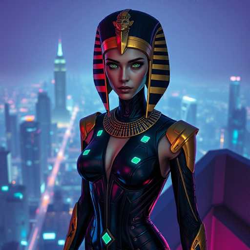 The image depicts a woman wearing a black and gold costume with a large headdress on her head. She is standing against the backdrop of a city skyline at night, which includes buildings illuminated by bright lights that create a vibrant contrast to the dark sky above. The woman's face is turned towards the camera, giving us a clear view of her features.
