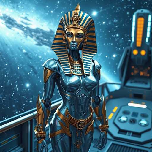 The image depicts a highly detailed, computer-generated scene of a female character standing on the deck of a futuristic spaceship. The character, reminiscent of Cleopatra, is adorned in a striking silver and gold metallic armor that covers her entire body, including her arms, chest, and legs. Her head is crowned with an elaborate headdress featuring alternating blue and gold stripes, a golden face mask, and a prominent golden crown. The headdress extends down to her shoulders, adding to her regal appearance. 

Her eyes are a vivid blue, and she wears a serious expression, with her mouth closed. Around her waist, she sports a gold belt with a circular emblem at the center. The background showcases a starry sky with a galaxy visible on the left side, enhancing the cosmic setting. To the right, part of the spaceship's interior is visible, featuring a control panel with orange lights and buttons, and a large screen displaying orange and white hues. The overall scene is bathed in a blue tint, adding to the sci-fi atmosphere.