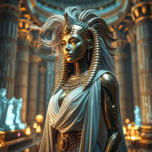 This image depicts a highly detailed, computer-generated scene of a female robot standing in an ancient Egyptian-style temple. The robot, with a metallic, silver-gray body, is adorned with an elaborate headdress featuring a gold band and a prominent jewel at the front. Her hair, a striking blend of white and gray, flows dramatically from the back of her head, while two long, spiral braids cascade down either side of her face. She wears a white sash around her neck and a gold belt with a large buckle. The robot's chest is partially exposed, revealing a metallic breast plate, and her arms are similarly armored. The background is filled with tall, ornate columns and statues, all illuminated by a warm, golden light that enhances the ancient, mystical atmosphere of the scene.