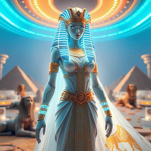 This image depicts a highly detailed, computer-generated representation of Cleopatra. She is portrayed with striking blue skin and matching blue eyes, adorned in a regal white and gold dress. Her headdress is a golden crown with blue and white striped fabric cascading down the sides of her face. Cleopatra's attire includes a gold belt and armbands, and she wears a white veil with a gold lion emblem at the bottom. The background features a blurred scene of ancient Egyptian pyramids, flanked by two sphinx statues, one on each side. Above Cleopatra, there is a circular design with concentric rings in shades of blue, orange, and yellow, adding a mystical aura to the composition. The overall image is vibrant and clear, with no text present.