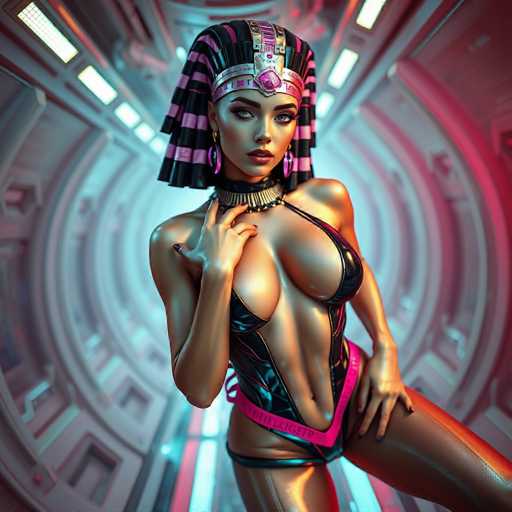 The image depicts a highly detailed, computer-generated female character with a striking resemblance to Cleopatra. She is adorned in a black and purple headdress, reminiscent of ancient Egyptian royalty, and wears a matching black and purple bikini. Her skin is a rich brown, and she has dark brown hair. Around her neck, she sports a black choker with gold accents. The character's pose is confident, with one hand resting on her hip and the other touching her chest. She is set against a futuristic, metallic background that resembles the interior of a spaceship or a high-tech tunnel, illuminated by white and red lights. The overall aesthetic blends ancient Egyptian elements with a sci-fi setting, creating a unique and captivating visual.