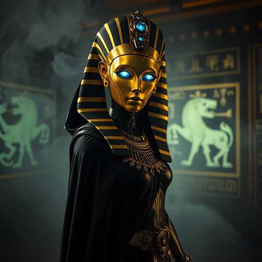 The image depicts a highly detailed, computer-generated representation of an Egyptian goddess, possibly Isis or Hathor, standing in a dark, mystical room. The background features a black wall adorned with gold hieroglyphics and a striking green image of a winged lion, reminiscent of the mythical Sphinx. The room is enveloped in a smoky haze, adding to the ethereal atmosphere.

The goddess is adorned in a black leather dress with intricate gold accents, including a prominent gold belt and an elaborate necklace that extends down to her chest. She wears a long, flowing black cape that drapes over her shoulders. Her headdress is a striking combination of black and gold, with a gold band encircling her forehead and a central jewel that emits a blue glow. The jewel is flanked by smaller jewels, also glowing blue, and the headpiece features a distinctive blue circle at its center.

Her face is entirely gold, with piercing blue eyes that seem to glow, and she wears small gold hoop earrings. The overall appearance of the goddess is both regal and mystical, capturing the essence of ancient Egyptian royalty and deity.