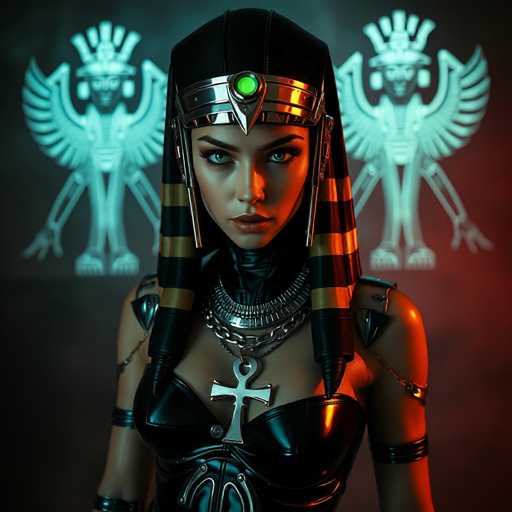 The image depicts a striking, computer-generated female character with a blend of ancient Egyptian and futuristic elements. She has a medium complexion and piercing blue eyes, framed by long, dark eyelashes and dark eyebrows. Her lips are painted a vivid red. She wears an elaborate black headdress adorned with gold stripes and a prominent green jewel at the forehead, reminiscent of ancient Egyptian royalty. Her hair is styled in black and gold striped braids that cascade down to her chest.

Her attire is a form-fitting, black leather dress with silver accents, including a silver cross necklace and various silver chains around her neck and shoulders. The dress is low-cut, revealing her cleavage, and she has black bands wrapped around her biceps and forearms. The background features a dark, almost black sky with two glowing blue figures that resemble Egyptian deities with wings and crowns, adding to the mystical atmosphere of the scene.