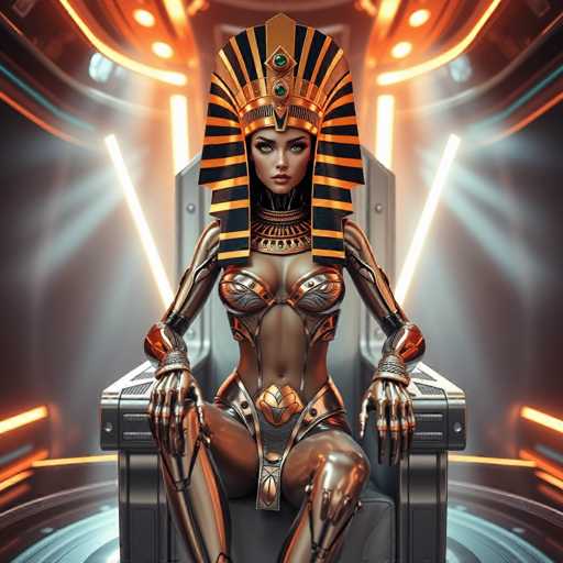 The image depicts a highly detailed, AI-generated or computer-generated illustration of a female figure seated on a metallic throne. The background is predominantly black, adorned with vibrant orange and yellow neon lights that create a futuristic ambiance. The throne itself is a striking combination of silver and black, with a cushioned seat and armrests.

The central figure is a woman with a distinctly Egyptian aesthetic, reminiscent of Cleopatra. She has a dark complexion and striking green eyes. Her head is adorned with an elaborate headdress featuring alternating black and gold stripes, topped with a gold crown. The crown is embellished with three green jewels: a large one at the front, a medium-sized one in the middle, and a smaller one at the back.

Her attire is a form-fitting, metallic dress that accentuates her curvaceous figure. The dress is primarily gold with black accents, particularly around the breastplate and hip area. The dress is designed to be revealing, showing off her legs and arms. Her arms are mechanical, ending in hands with four fingers and a thumb each, and her legs are also metallic, with visible joints at the knees and ankles.

The overall composition of the image is square, with the woman centrally positioned, making her the focal point of this futuristic and ancient-inspired scene.
