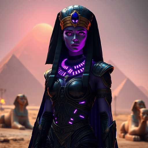 The image depicts a striking female character from a video game, set against the iconic backdrop of ancient Egypt. She stands confidently in front of the majestic pyramids, with the sun casting a warm glow over the scene. The character is adorned in elaborate black armor, complete with a helmet that features a prominent blue jewel at its center. Her eyes are a mesmerizing shade of purple, and her skin has a matching hue, adding to her otherworldly appearance. Around her neck, she wears a glowing purple necklace, and her chest plate is intricately designed with glowing purple accents. Her arms are covered in black armor, and she wears a flowing cape that adds to her regal presence. Flanking her on either side are two grand statues of sphinxes, further enhancing the ancient and mystical atmosphere of the scene.