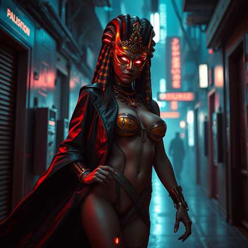 In this captivating image, a woman stands confidently in the middle of a dimly lit alleyway, exuding an aura of mystery and allure. She is adorned in a striking gold bikini top that leaves her midriff exposed, complemented by a black leather jacket draped over her shoulders. Her attire is accentuated by a pair of black straps that crisscross over her hips, adding to her edgy appearance. 

Her face is partially obscured by a golden mask that covers her eyes, with the mask's design extending into a headdress that frames her head. The mask and headdress are intricately detailed, featuring black and gold stripes that cascade down the sides of her face. Her long black hair flows freely, adding to her dramatic look.

The woman's pose is bold and self-assured, with one hand resting on her hip and the other hanging loosely by her side. She gazes directly at the camera, engaging the viewer with her intense stare. The alleyway around her is illuminated by neon signs, casting a soft glow that enhances the enigmatic atmosphere of the scene.