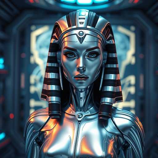 This image depicts a highly detailed, computer-generated female robot with a distinctly Egyptian aesthetic. The robot's head is adorned with a silver and black striped headdress reminiscent of ancient Egyptian royalty, complete with a prominent silver band across her forehead. Her face is strikingly realistic, featuring blue eyes, dark red lips, and thick, dark eyebrows. The robot's neck is slender and metallic, leading down to a silver chest plate that appears to be secured with a zipper. Her shoulders are broad and metallic, adding to her imposing presence. The background is a dark, futuristic setting with a large, illuminated screen displaying a blurred image of a skull. The scene is bathed in hues of blue, black, and red, enhancing the high-tech, sci-fi atmosphere.