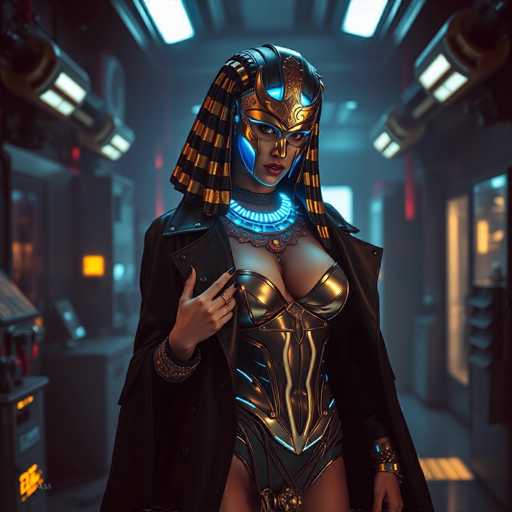 The image depicts a highly detailed, computer-generated scene of a woman standing in a futuristic, spaceship-like environment. She is adorned in an elaborate Egyptian-inspired outfit, featuring a golden breastplate and matching golden shorts. Her attire is complemented by a black leather jacket and a striking black and gold striped headdress that extends down to her shoulders. The woman's face is partially covered by a golden mask, which includes a distinctive blue light on her forehead and a glowing blue necklace around her neck. Her long, red fingernails and a ring on her right hand add to her regal appearance. The background is a dark, metallic corridor illuminated by blue and yellow lights, with various pieces of equipment and machinery visible on the walls. The overall ambiance suggests a blend of ancient Egyptian aesthetics with a futuristic, sci-fi setting.