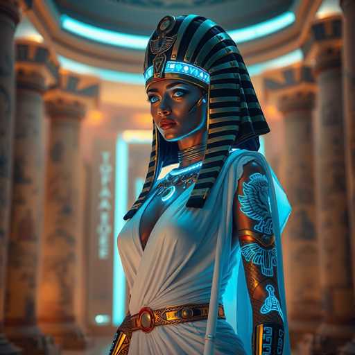 This image depicts a highly detailed, computer-generated representation of Cleopatra, the ancient Egyptian queen. She is adorned in a striking white dress, cinched at the waist with a gold belt featuring a prominent red gem. Her skin has a dark, bronze hue, and her eyes are a mesmerizing blue. Around her neck, she wears an elaborate necklace, adding to her regal appearance. 

Cleopatra's headdress is a grand, striped black and gold crown, reminiscent of the iconic headpiece worn by ancient Egyptian royalty. Her face is framed by long, flowing hair that cascades down the sides of her head. 

Her left arm is covered in intricate tattoos, depicting a bird with outstretched wings and a human-like face. The background is a blurred, ancient Egyptian-style temple, with columns adorned with hieroglyphics and a glowing blue light emanating from the doorway. The overall scene is bathed in a mix of blue and gold hues, enhancing the mystical and historical ambiance.