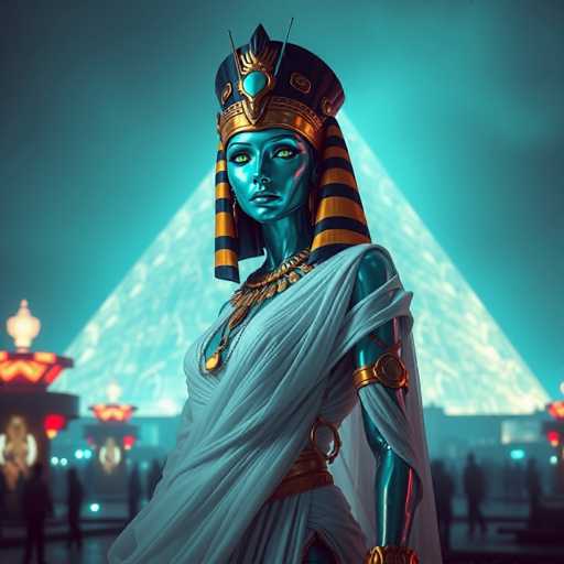 The image depicts a striking, computer-generated scene featuring a blue-skinned woman with green eyes, adorned in ancient Egyptian attire. She stands confidently in front of a large, illuminated pyramid, which casts a dramatic glow on the night sky. Her elaborate headdress, reminiscent of Cleopatra's, is black with gold accents and includes two prominent antennas. She wears a white toga-like dress that drapes elegantly over her shoulders, complemented by a gold belt and a matching gold armband. Around her neck, she sports a heavy gold necklace, adding to her regal appearance. The background is blurred, revealing indistinct figures and lights, enhancing the focus on the woman and the pyramid. The overall color palette of the image is dominated by shades of blue, gold, and black, creating a mystical and ancient atmosphere.