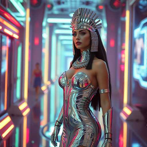 In this captivating image, a woman stands confidently in the foreground, adorned in a striking silver dress that accentuates her figure. The dress features intricate designs, including a prominent circular element at the center of her chest. Her ensemble is complemented by silver arm coverings that extend from her elbows to her wrists, and a matching silver band around her upper arm. Around her neck, she wears a large, ornate silver necklace that adds to her regal appearance. Her long, black hair cascades down her back, and atop her head, she wears an elaborate silver crown with spikes and rectangular extensions on either side, resembling a helmet. Her makeup is bold, with dark red lipstick and heavy eye makeup, enhancing her striking features.

In the background, a second woman is visible, though blurred. She is dressed in a red top and a blue skirt, adding a splash of color to the scene. The setting is a futuristic hallway illuminated by vibrant neon lights in shades of orange, yellow, and blue, creating a dynamic and otherworldly atmosphere.