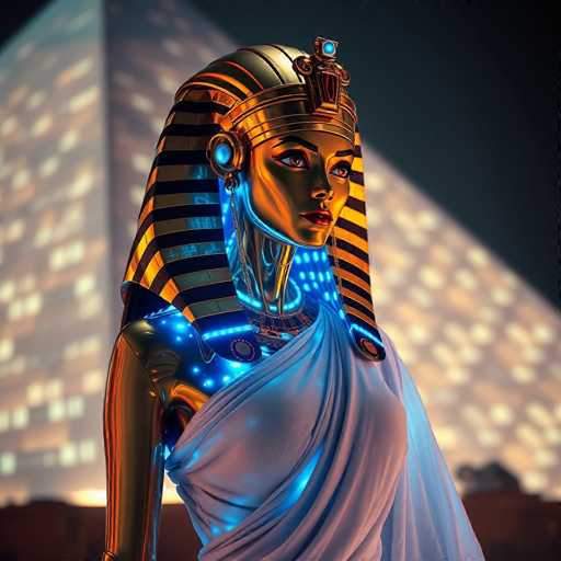 A 3D rendering of a woman wearing a golden headdress and robe with blue lights on her face, standing against the backdrop of an ancient Egyptian pyramid.