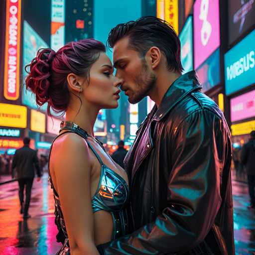 In this captivating image, a man and a woman are seen standing close together, almost nose-to-nose, in the midst of a bustling city street. The woman, positioned on the left, has her hair styled in a bun and is adorned in a striking silver dress. The man, on the right, sports a black leather jacket and has his eyes closed, adding a sense of intimacy to the scene. The background is a vibrant tapestry of city lights, with numerous billboards and signs in various colors—yellow, pink, blue, and orange—casting a colorful glow over the wet street. The ground reflects the neon hues, enhancing the dynamic and lively atmosphere of the urban setting.