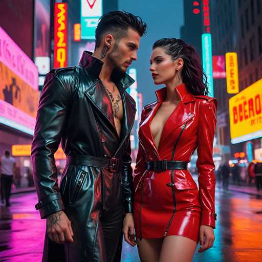 In this AI-generated image, a man and a woman are depicted standing on a bustling city street, surrounded by tall buildings adorned with neon signs. The man, positioned on the left, is dressed in a long black leather trench coat that is open at the front, revealing a chest tattoo and a necklace. He has short black hair, a slight beard, and a tattoo on his right hand. His attire is completed with black leather pants that feature a belt around the thigh area. The woman, standing to his right, is wearing a striking red leather dress that is open at the front, showcasing her cleavage and a black belt around her waist. She has long black hair tied back in a ponytail and is adorned with hoop earrings. Both individuals are gazing at each other, creating a sense of connection amidst the vibrant urban backdrop.