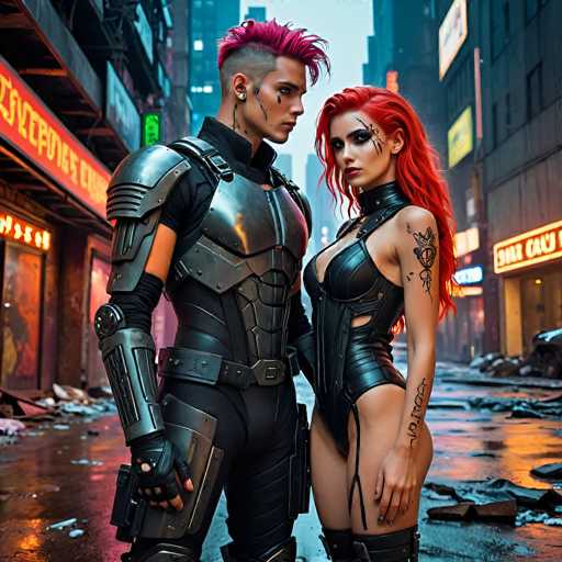 In this AI-generated image, a man and a woman stand in the middle of a wet, debris-strewn street, flanked by tall buildings adorned with neon signs. The man, positioned on the left, has short, spiky pink hair and is clad in a black leather bodysuit with silver armor plating on his chest, shoulders, and forearms. He wears fingerless gloves and has a gun holstered on his right side. His face is marked with black tattoos, including a line running from his ear to his chin. The woman, standing to his right, has long, flowing red hair and is dressed in a black leather corset that reveals her legs and arms. She also has black tattoos, including one on her left arm that reads "Von Mada." Both characters gaze intently at each other, creating a striking contrast against the gritty, neon-lit urban backdrop.