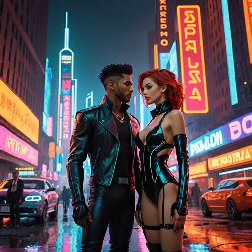 The image depicts two individuals standing on a city street at night. The person on the left is wearing a black leather jacket and has spiky hair, while the person on the right is dressed in a black leather outfit with red hair. They are positioned in front of a row of neon signs that illuminate the scene.