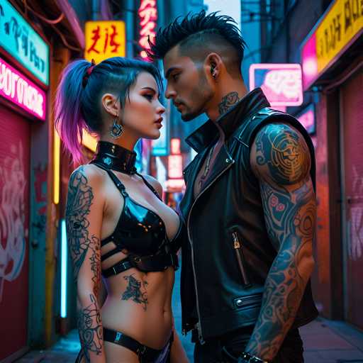 A couple standing on a street at night with neon signs and graffiti behind them. The woman has blue hair and tattoos on her chest and stomach area, while the man is wearing a leather jacket and has tattoos on his arms and neck.