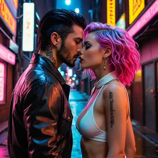 In this captivating image, a man and a woman are captured in an intimate moment, standing close to each other with their foreheads gently touching. The man, positioned on the left, is adorned in a sleek black leather jacket. His dark hair is neatly combed back, and he sports a small earring in his right ear. Intricate tattoos are visible on the side of his neck, adding a touch of edginess to his appearance. His eyes are closed, and his lips are slightly parted as he gazes into the eyes of the woman beside him.

The woman, on the right, exudes a striking presence with her vibrant pink hair, which is accentuated by a subtle blue tint at the top. She wears a white bra that contrasts beautifully with her fair skin. Her left arm is adorned with a tattoo, and she accessorizes with elegant gold earrings. Her eyes are also closed, mirroring the man's serene expression, and her lips are slightly parted, creating a sense of shared intimacy between them.

The background of the image is softly blurred, drawing focus to the couple while still hinting at a bustling urban setting. The ground beneath them appears to be a grayish-blue color, and the walls behind them are decorated with various signs and lights. These elements, though out of focus, contribute to the overall ambiance of the scene, enhancing the romantic and mysterious mood of the moment.
