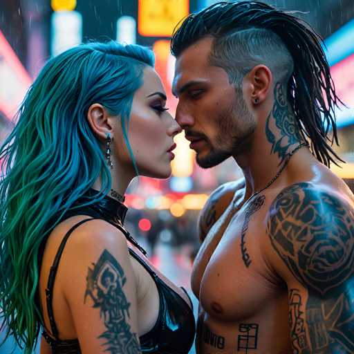 In this captivating image, a couple stands intimately close, gazing into each other's eyes. The woman, positioned on the left, has striking blue hair and is adorned with a black choker and a black leather top. She sports a tattoo on her right arm and wears a silver earring. Her eyes are accentuated with black eyeliner, adding to her allure. The man on the right has long black hair tied back, with shaved sides and a beard. He is shirtless, revealing an array of tattoos: a large one on his right shoulder, another on his left arm, and additional designs on his chest and neck. He wears a black chain around his neck and has a black earring. The background is a blur of vibrant lights in hues of yellow, blue, red, and white, suggesting a lively setting. The couple's intense connection and the dynamic backdrop create a powerful and evocative scene.