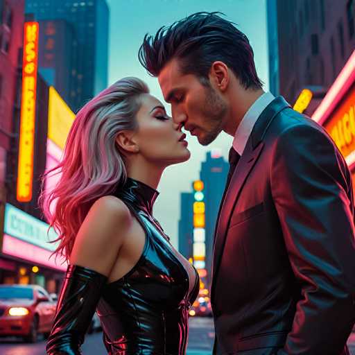 In this AI-generated image, a man and a woman are captured in a tender moment, standing close to each other with their foreheads gently touching and their noses almost touching. The woman, positioned on the left, has long, flowing hair that transitions from pink at the ends to a blend of gray and blonde closer to her head. She is dressed in a sleek, black leather dress that accentuates her figure, and she wears matching black leather gloves that extend up to her elbows. Her eyes are closed, and she sports a subtle earring in her right ear, adding a touch of elegance to her appearance.

The man, standing on the right, is equally striking in his attire. He wears a black leather jacket over a crisp white collared shirt, paired with a black tie. His hair is short and black, and he has a neatly trimmed beard and mustache. His eyes are also closed, mirroring the woman's serene expression.

The background sets a vibrant urban scene, with towering buildings adorned with neon signs that cast a colorful glow over the street. The sky above is a clear, light blue, providing a serene contrast to the bustling city below. A car is visible on the street, adding to the lively atmosphere of the cityscape. The overall composition of the image exudes a sense of intimacy and urban sophistication.