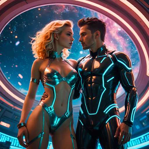 In this captivating image, a man and a woman stand closely together, gazing into each other's eyes with an intimate connection. The woman, positioned on the left, has long, wavy blonde hair cascading down her shoulders. She is adorned in a sleek, metallic silver bikini that accentuates her figure, with straps extending from her shoulders to her thighs. Her right arm is bent at the elbow, resting by her side, while her left arm is wrapped around the man's waist, her hand gently placed on his hip.

The man, standing to her right, is dressed in a form-fitting black suit that highlights his muscular build. The suit is intricately designed with glowing blue lines that outline his chest, arms, and legs, adding a futuristic flair to his appearance. His short brown hair complements his chiseled features, and he has a slight beard and mustache. His left arm is wrapped around the woman's waist, with his hand resting on her hip, mirroring her gesture.

Behind them, a large circular window dominates the background, offering a breathtaking view of the cosmos. The window is framed by a pinkish border with a glowing white inner ring, enhancing the otherworldly atmosphere. Through the window, a mesmerizing expanse of space unfolds, featuring a dark blue sky dotted with countless stars. A prominent pink and purple nebula adds a touch of ethereal beauty to the scene, creating a stunning backdrop for the couple's tender moment.