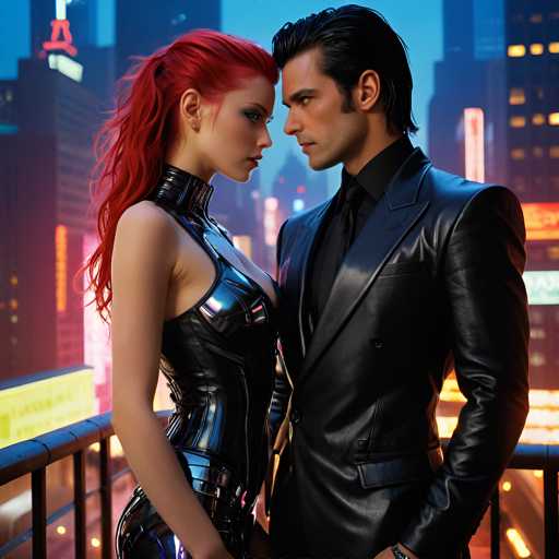 A man and woman standing on a balcony at night with city lights in the background. The woman is wearing a black leather outfit while the man is dressed in a black suit.