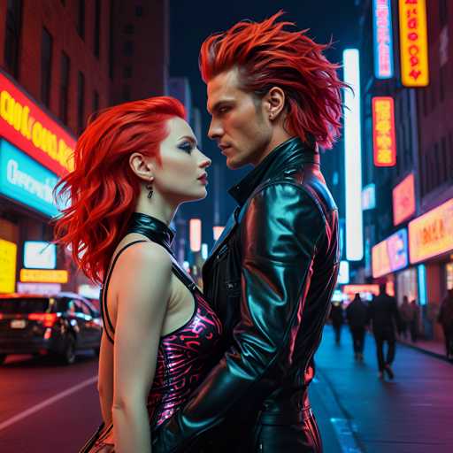 A couple is standing on a city street at night, with the man wearing a black leather jacket and red hair styled into an afro, and the woman wearing a pink dress. The background features neon signs and buildings illuminated by bright lights, creating a vibrant urban atmosphere.