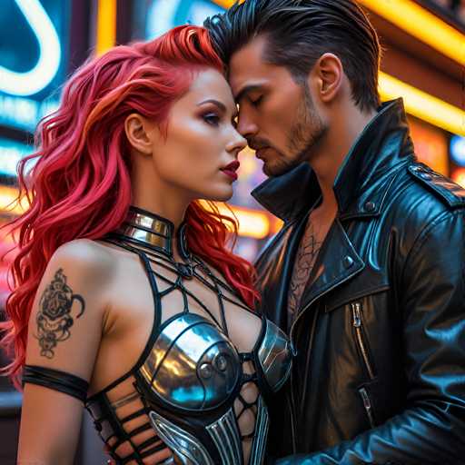 In this AI-generated image, a man and a woman are depicted in a side profile, facing each other with their foreheads gently touching. The woman, positioned on the left, has strikingly long red hair and is adorned with a tattoo on her right shoulder. She wears a unique outfit that combines a black leather top with silver accents, featuring a distinctive design that leaves her midriff exposed. The man, on the right, sports short black hair and a matching black beard. He is dressed in a black leather jacket, which is unzipped to reveal a tattoo on his chest. The background is blurred, filled with indistinct neon lights in hues of yellow, blue, and white, adding a vibrant, almost dreamlike quality to the scene.