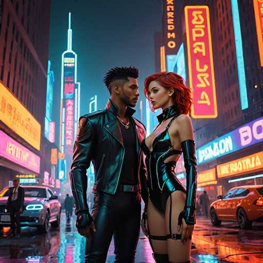 In this vibrant, AI-generated image, a man and a woman stand closely together in the middle of a bustling city street at night. The man, positioned on the left, is dressed in a sleek black leather jacket, black leather pants, and fingerless gloves. He accessorizes with a black shirt, a black belt, and a gold chain around his neck. His hair is styled in a fade with a mohawk on top, and he sports a beard and mustache. The woman, standing to his right, is adorned in a tight black leather bodysuit that reveals her legs and features cutouts on the sides. She complements her outfit with thigh-high boots and black gloves that extend to her elbows. Her striking red hair cascades down as she gazes intently at the man. The background is a dazzling display of neon signs and billboards in various colors, including yellow, red, and blue, with some featuring Asian characters. The street is lined with tall buildings, and cars are parked along both sides, adding to the urban ambiance. The wet pavement reflects the neon lights, enhancing the scene's dynamic and futuristic feel.