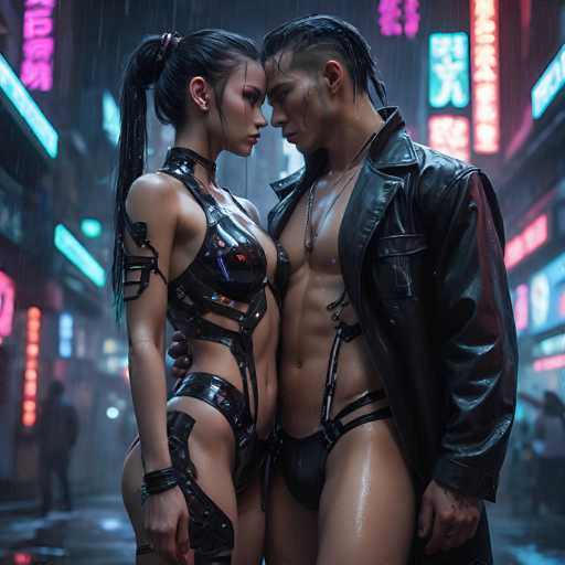 In this vibrant, AI-generated image, a man and a woman stand closely together in the middle of a bustling city street at night, their heads touching as they gaze into each other's eyes. The woman, positioned on the left, has long black hair tied back in a ponytail and wears a revealing black leather outfit that accentuates her curves. Her attire includes a bra-like top with straps and a garter belt around her legs. The man, on the right, sports a black leather jacket over his bare chest, with a black garter belt around his hips. Both individuals have wet hair and skin, suggesting they are standing in the rain. The background is a blur of tall buildings adorned with neon signs in various colors, including pink, blue, and orange, which display text in an Asian language. The scene is illuminated by the glow of these neon signs, adding to the city's lively atmosphere.