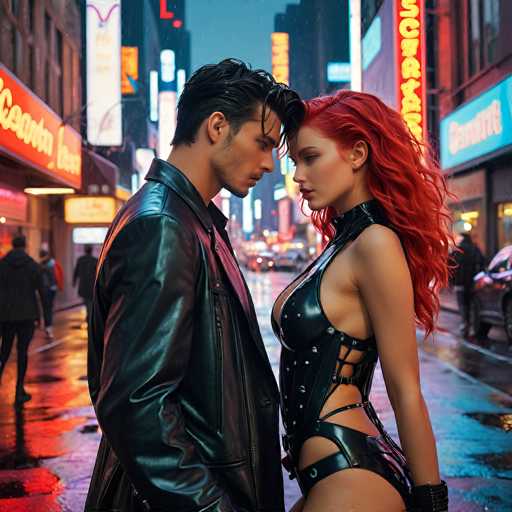 A couple stands intimately in a rain-soaked city street, their faces close together. The man is wearing a black leather jacket and dark pants, while the woman wears a black leather outfit with visible buckles. The background is blurred but shows neon signs and other people walking in the rain, creating a moody, urban atmosphere. The lighting is dim, with reflections on the wet pavement adding to the overall ambiance.