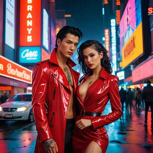 In this AI-generated image, a man and a woman stand closely together on a bustling city street at night. The man, positioned on the left, has slicked-back black hair and is dressed in a shiny red leather trench coat that is open, revealing his bare chest adorned with a tattoo. He also sports black pants and has a tattoo on his right hand. The woman, standing to his right, has long black hair and wears a matching red leather dress that is open at the front, accentuating her cleavage. She accessorizes with a black belt and a necklace, and her left hand, which also features a tattoo, rests on her hip. The background is filled with tall buildings and illuminated signs, creating a vibrant urban atmosphere. A white car is parked on the left side of the street, and several people can be seen walking in the distance. The overall scene is dynamic and colorful, with the red of their outfits contrasting against the dark, illuminated cityscape.