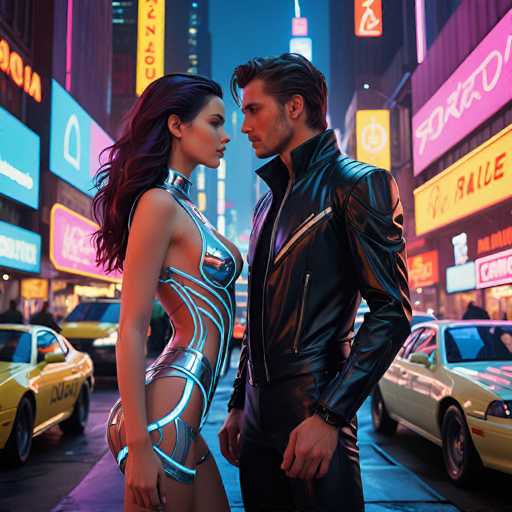 In this AI-generated image, a man and a woman stand in the middle of a bustling city street, facing each other. The woman, positioned on the left, has long, dark hair and is dressed in a form-fitting, metallic silver bodysuit with blue accents. The bodysuit is designed with a cut-out around her waist, revealing her legs, and features a high collar that extends up to her neck. The man, on the right, has short brown hair and is clad in a black leather jacket with a high collar and a zipper running down the front. He also wears black pants and a watch on his left wrist. Both individuals are Caucasian and appear to be in their 20s or 30s. The background is a vibrant cityscape filled with tall buildings adorned with neon signs in various colors, including yellow, pink, and blue. The street is lined with cars, including a yellow taxi and a gray car, adding to the urban atmosphere. The scene is illuminated by the bright lights of the city, creating a dynamic and lively setting.