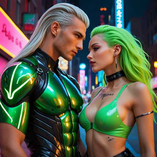 A man with long blonde hair and a green shirt is standing next to a woman wearing a green bra top and has neon green hair.