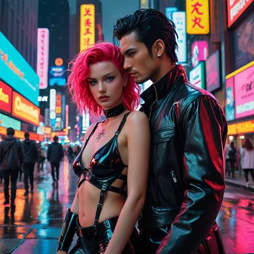 In this vibrant, AI-generated image, a young couple stands in the middle of a bustling city street at night, surrounded by towering skyscrapers adorned with neon signs and billboards featuring Japanese characters. The woman, positioned on the left, has striking pink hair and is dressed in a revealing black leather bra with multiple straps, paired with matching leather pants. A choker adorns her neck, and she has a distinctive tattoo on her chest. Her expression is serious as she gazes directly at the camera. Beside her, the man, who has short black hair and a slight beard, wears a black leather jacket with a high collar. He looks at her intently, his expression equally serious. The wet street beneath them reflects the neon lights, adding a shimmering effect to the scene. In the background, other pedestrians walk along the street, adding to the lively urban atmosphere.
