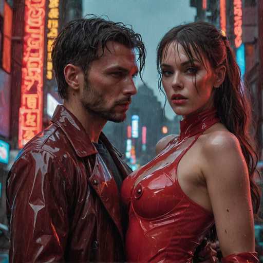 The image shows two people standing together on a city street at night. The person on the left is wearing a red leather jacket and has wet hair from the rain. The person on the right is wearing a red strapless dress that appears to be made of shiny material. They are both looking directly at the camera, with their expressions serious.