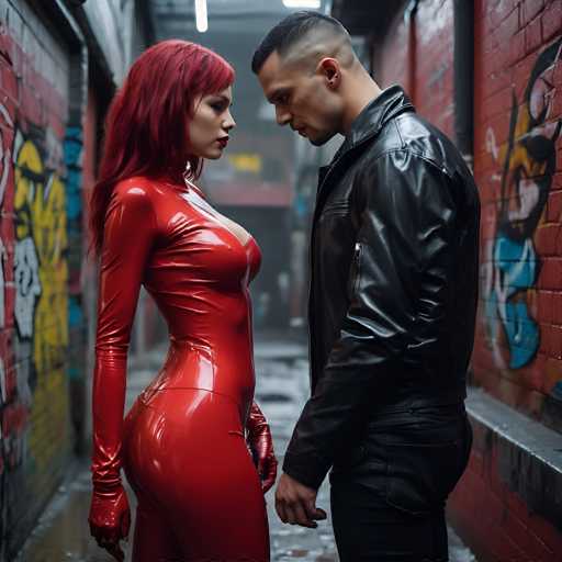 In this AI-generated image, a man and a woman are depicted standing in a narrow alleyway. The woman, positioned on the left, is dressed in a striking red leather bodysuit that accentuates her figure, particularly highlighting her large breasts and prominent buttocks. Her long red hair cascades down, and she wears matching red gloves. The man, standing on the right, is clad in a black leather jacket and black pants. He has a buzz cut with a slight goatee and is looking down at the woman. The alleyway is flanked by red brick walls adorned with graffiti, adding an urban, gritty atmosphere to the scene. The woman's face appears slightly distorted, with her eyes and nose misaligned, and her mouth looking unnatural. Additionally, her right hand is oddly shaped, with one finger appearing to be a thumb. The man's hands also seem distorted, with his fingers looking unnatural.