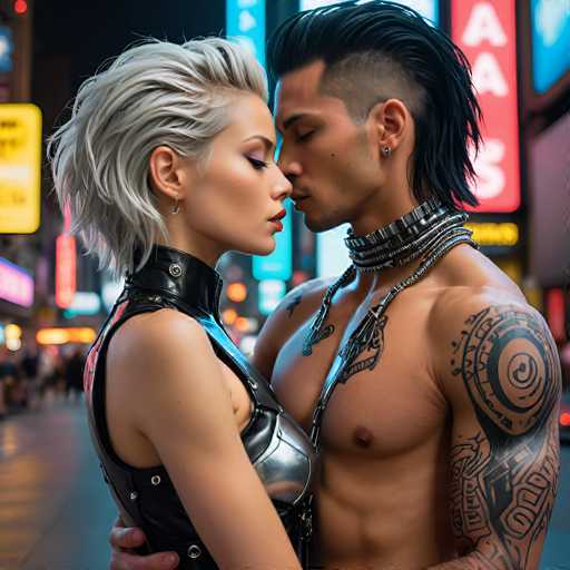 In this captivating image, a man and a woman are captured in an intimate embrace, their faces tenderly touching as if they are about to kiss. The woman, positioned on the left, has striking short gray hair and is adorned with a black leather vest that features a silver plate on the front. Her makeup is meticulously applied, with bold red lipstick and black eyeliner that accentuates her eyes. She wears a delicate gold hoop earring in her right ear. 

The man, standing on the right, has a distinctive hairstyle with a shaved side and long black hair on top. His muscular chest is bare, showcasing intricate black tattoos that cover his right shoulder and arm. He wears a unique silver choker that appears to be made of interlocking rings, adding a touch of edgy elegance to his look. 

The background is a blur of vibrant neon signs in hues of yellow, red, and blue, suggesting a bustling city street at night. The soft focus on the neon lights contrasts beautifully with the sharp details of the couple, drawing the viewer's attention to their intimate moment.