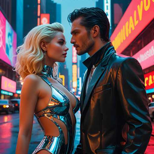 In this captivating image, a man and a woman stand closely together, gazing deeply into each other's eyes. The woman, positioned on the left, has long blonde hair cascading down her back and is adorned with a striking silver collar. Her attire is a form-fitting, metallic silver dress that accentuates her figure, leaving her arms and legs exposed. The man, standing to her right, sports a sleek black leather jacket over a white shirt. His dark hair is neatly styled, and he has a slight beard and mustache. The background is a vibrant cityscape, reminiscent of Times Square, with towering buildings adorned with neon signs and billboards. The street beneath them is bustling with cars, adding to the dynamic urban atmosphere. The scene is a mesmerizing blend of intimate connection and the energy of a lively city.