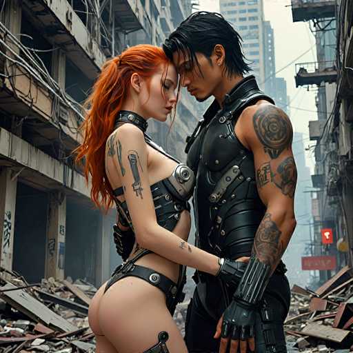 In this AI-generated image, a man and a woman are depicted in a close embrace, their foreheads gently touching. The woman, positioned on the left, has long, flowing red hair and is adorned with tattoos on her arms. She is dressed in a revealing black leather outfit that accentuates her figure. The man, standing to her right, has short black hair and is clad in a matching black leather ensemble. His outfit includes a distinctive metal plate on his chest and a leather glove on his left hand. The background reveals a post-apocalyptic cityscape, with dilapidated buildings and scattered debris, adding a sense of desolation to the scene.