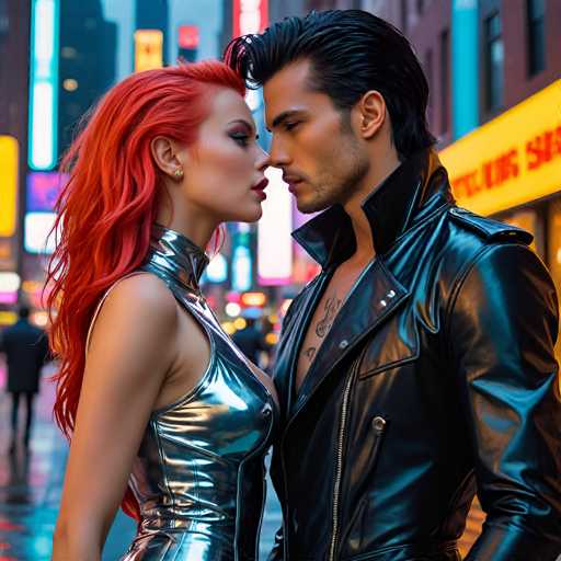 In this captivating image, a man and a woman are seen standing close to each other, almost nose-to-nose, in what appears to be a bustling city street. The woman, positioned on the left, has strikingly vibrant red hair and is dressed in a sleek, silver dress that accentuates her figure. She gazes intently at the man, who is on the right. The man has dark hair and is clad in a black leather jacket, which is unzipped to reveal a chest tattoo. His expression is serious, and he looks back at the woman with a focused gaze.

The background is slightly blurred, drawing attention to the couple, but it still reveals a vibrant urban setting. To the right of the man, there is a building with a yellow awning, adorned with red lettering that is partially obscured. The left side of the image features a man in a black suit walking away from the couple, adding to the dynamic city atmosphere. The street is illuminated by various neon signs and lights, casting a colorful glow over the scene. The overall ambiance suggests a lively, possibly rainy night in a major city, with the couple at the center of the action.