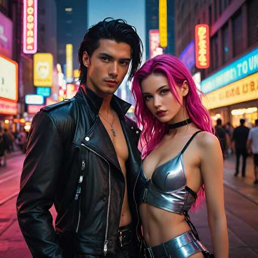 A stylish couple, a man and a woman, posing in front of vibrant neon signs on a bustling city street. The man is wearing a black leather jacket, while the woman sports a shiny silver outfit with pink hair. The scene is bathed in neon lights and has a cyberpunk aesthetic, suggesting a futuristic urban setting.