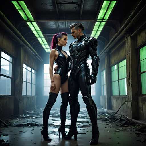 In this AI-generated image, a man and a woman are standing in a dilapidated building that appears to be a warehouse or an old factory. The structure is in a state of disrepair, with debris scattered across the floor and walls that are peeling and stained. The ceiling features green-tinted windows, adding an eerie ambiance to the scene.

The man is dressed in a sleek, black, form-fitting suit that resembles a combination of a wetsuit and armor. His outfit includes a high collar and long sleeves, with his arms exposed. He has short hair and is looking intently at the woman beside him.

The woman is wearing a similar black, form-fitting suit, but hers is designed like a bodysuit. She has long, purple hair tied back in a ponytail and is looking up at the man. Her outfit is accentuated by thigh-high black boots with high heels, and she has her hand placed on her hip, adding a touch of confidence to her stance.

The overall scene exudes a sense of tension and mystery, with the characters' attire and positioning suggesting a narrative of conflict or intrigue within the decaying environment.