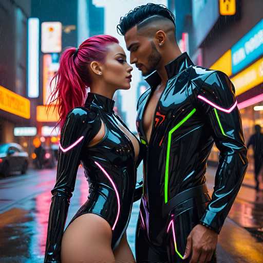 In this AI-generated image, a man and a woman are standing close together, gazing into each other's eyes. The woman, positioned on the left, has striking pink hair styled in a ponytail and is wearing a black leather bodysuit with pink neon accents. Her outfit is form-fitting, revealing her legs and arms. The man, on the right, has black hair and a beard, and is dressed in a similar black leather bodysuit adorned with green and red neon accents. His suit is open at the chest, and he has a diamond earring in his ear. The background features a cityscape with tall buildings and neon signs, suggesting a bustling urban environment. The street appears wet, indicating it might be raining. The overall scene is vibrant and detailed, capturing a moment of intimate connection between the two figures amidst the urban setting.