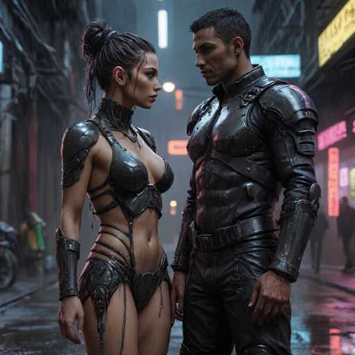 In this captivating image, a man and a woman stand closely together, gazing into each other's eyes with an intense, almost mesmerizing focus. The woman, positioned on the left, is adorned in a striking black leather outfit that accentuates her figure. Her attire includes a unique bra-like top that leaves her midriff exposed, and she completes her look with a matching leather skirt. The man, standing to her right, is equally captivating in his sleek black leather ensemble. His outfit features a long-sleeved jacket with a high collar that sits just below his ears, and he pairs it with matching leather pants. His muscular physique is prominently displayed, adding to his commanding presence. The woman's hair is styled in a neat bun, while the man's hair is kept short, adding to their distinct yet complementary appearances. The image beautifully captures the chemistry and intensity between the two, making it a visually striking and emotionally evocative scene.