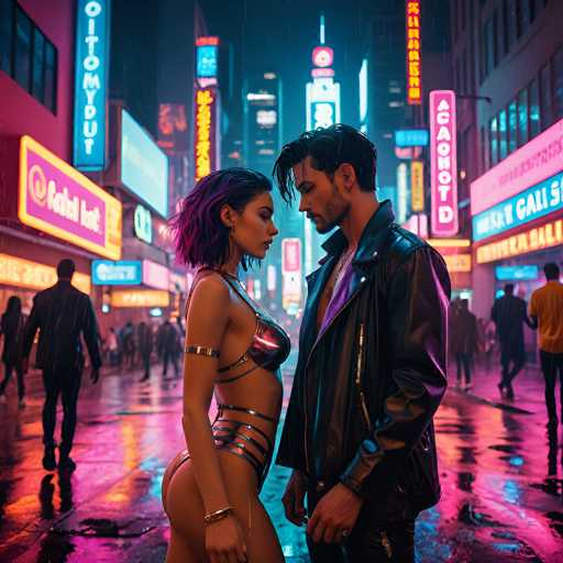 In this vibrant, AI-generated image, a man and a woman stand closely together in the middle of a bustling city street at night. The woman, positioned on the left, has striking purple hair and is dressed in a revealing, metallic bikini top adorned with straps that circle her waist and chest. Her outfit is complemented by a gold band around her upper arm and a bracelet on her wrist. She gazes intently at the man beside her. The man, on the right, sports a black leather jacket and has short black hair. He looks down at the woman, his expression serious. The background is a blur of tall buildings and neon signs, with some signs featuring Asian characters and others in English. The wet street reflects the neon lights, adding to the image's dynamic and colorful atmosphere.