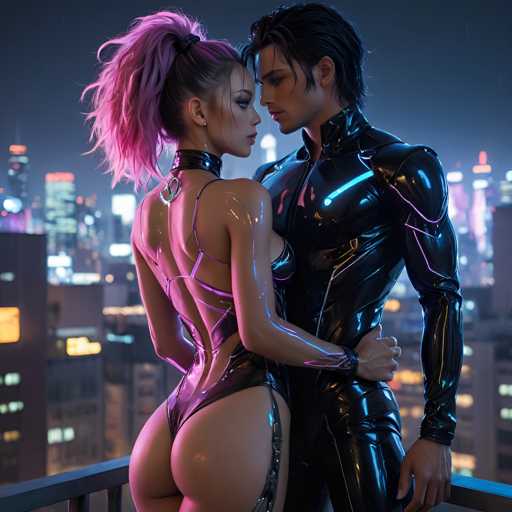 A couple dressed in futuristic black leather outfits stands on a balcony overlooking a city at night. The woman wears a pink wig and the man has a blue face mask over his eyes.