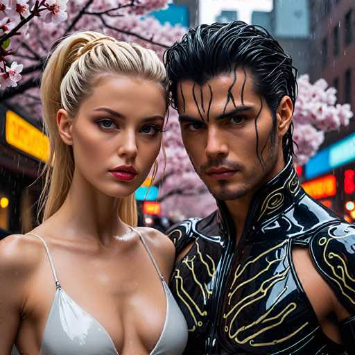 In this AI-generated image, a man and a woman are standing close together, gazing directly at the camera. The woman, positioned on the left, has blonde hair styled in a ponytail and is wearing a gray bikini top. Her expression is neutral, with her mouth closed. The man, on the right, has black hair slicked back with strands falling onto his forehead. He sports a slight mustache and beard, and his eyes are dark. He is dressed in a black leather vest adorned with gold lines. The background features a tree with pink leaves, adding a touch of color to the scene. To the left of the woman, there is a yellow sign, while to the right of the man, a blue sign is visible. The overall composition creates a striking contrast between the subjects and their surroundings.